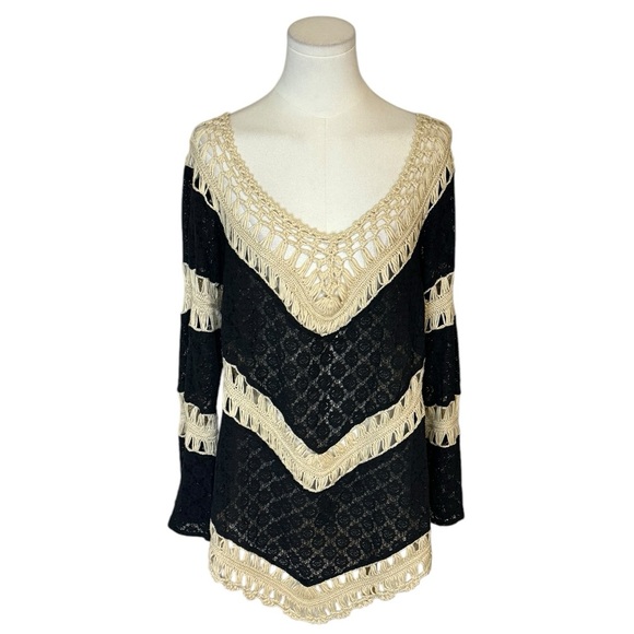 VELZERA Black‎ Cream Crochet Boho Bohemian Hippie Top Size M L Flowy Long Sleeve - Picture 1 of 5